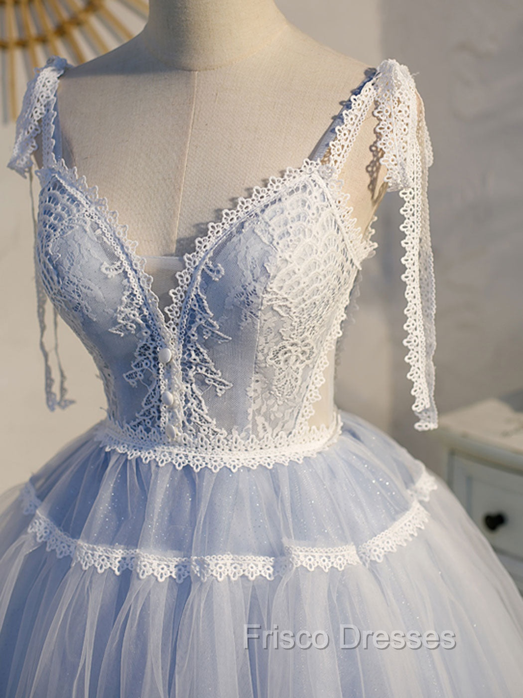 A Line V Neck Lace Blue Short Formal Prom Dress, Blue Puffy Homecoming Dress