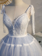 A Line V Neck Lace Blue Short Formal Prom Dress, Blue Puffy Homecoming Dress