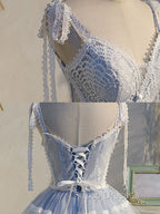 A Line V Neck Lace Blue Short Formal Prom Dress, Blue Puffy Homecoming Dress
