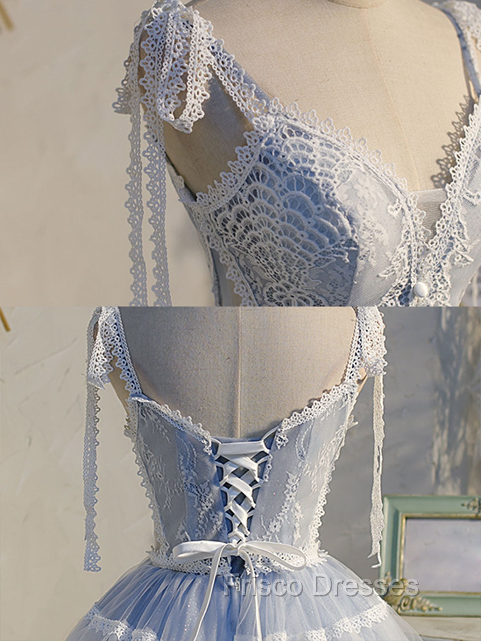 A Line V Neck Lace Blue Short Formal Prom Dress, Blue Puffy Homecoming Dress