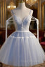 A Line V Neck Lace Blue Short Formal Prom Dress, Blue Puffy Homecoming Dress