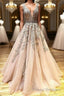 A Line V Neck Lace Champagne Tulle Long Formal Prom Dresses, V Neck Lace Champagne Formal Dresses, Champagne Lace Evening Dresses