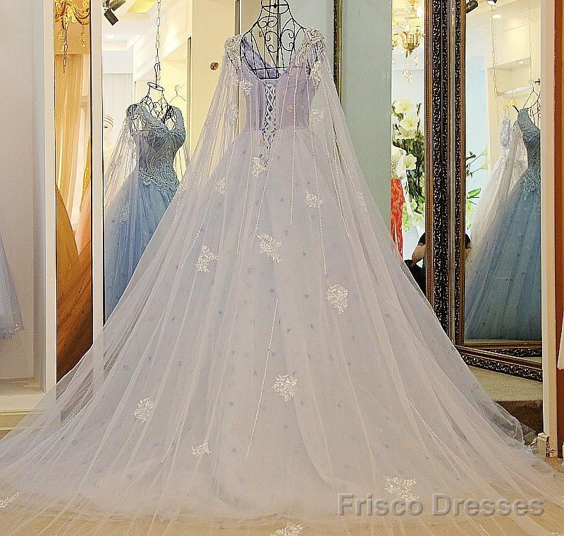A Line V Neck Lace Crystal Beaded White/ Light Blue Wedding Dresses Floor Length