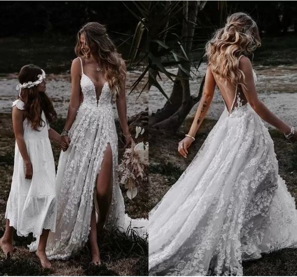 A-Line V Neck Lace Prom Dress With Split Secondary image