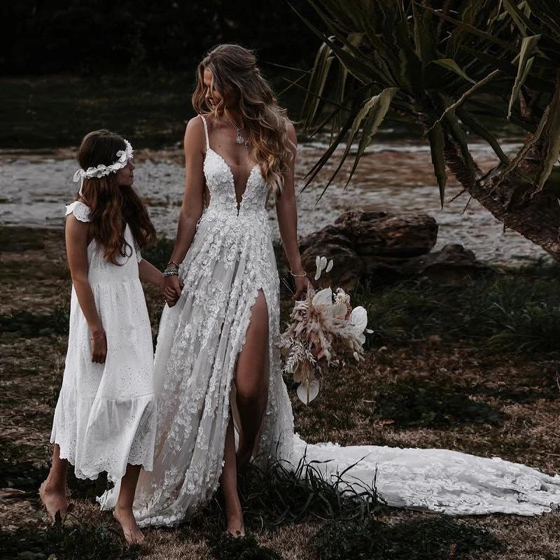 A-Line V Neck Lace Prom Dress With Split
