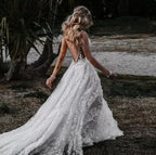 A-Line V Neck Lace Prom Dress With Split