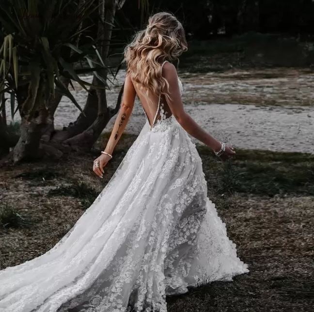 A-Line V Neck Lace Prom Dress With Split