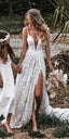A-Line V Neck Lace Prom Dress With Split