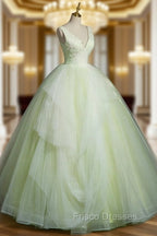 A-Line V Neck Lace Tulle Green Long Formal Prom Dress, Green Sweet 16 Dress