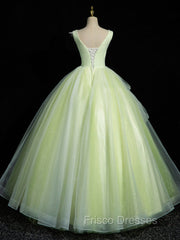 A-Line V Neck Lace Tulle Green Long Formal Prom Dress, Green Sweet 16 Dress