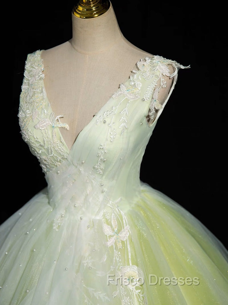 A-Line V Neck Lace Tulle Green Long Formal Prom Dress, Green Sweet 16 Dress