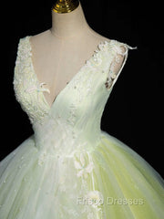 A-Line V Neck Lace Tulle Green Long Formal Prom Dress, Green Sweet 16 Dress