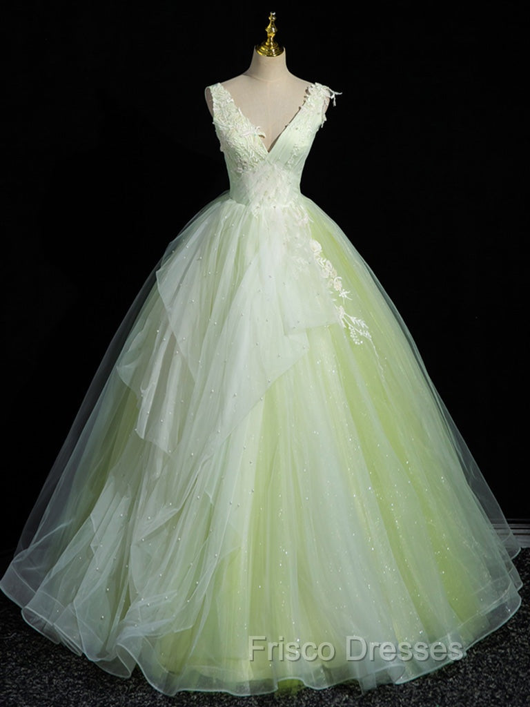 A-Line V Neck Lace Tulle Green Long Formal Prom Dress, Green Sweet 16 Dress Secondary image