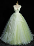 A-Line V Neck Lace Tulle Green Long Formal Prom Dress, Green Sweet 16 Dress