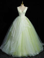 A-Line V Neck Lace Tulle Green Long Formal Prom Dress, Green Sweet 16 Dress