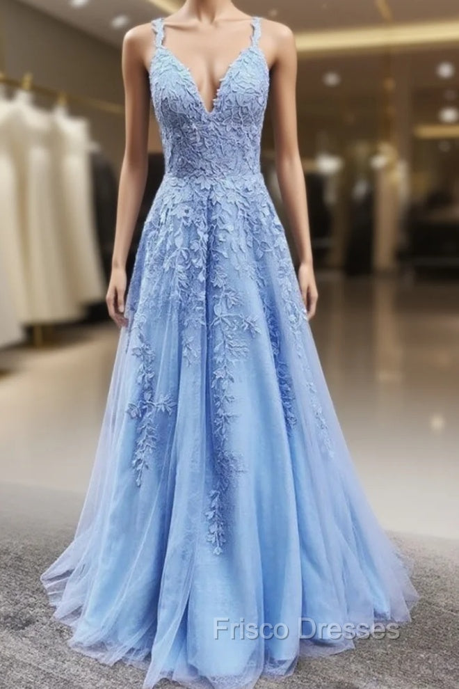 A Line V Neck Light Blue Lace Formal Prom Dress, V Neck Light Blue Lace Formal Evening Dress Main image