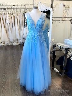 A Line V Neck Light Blue Lace Prom Dresses, V Neck Sky Blue Lace Formal Evening Dresses Main image