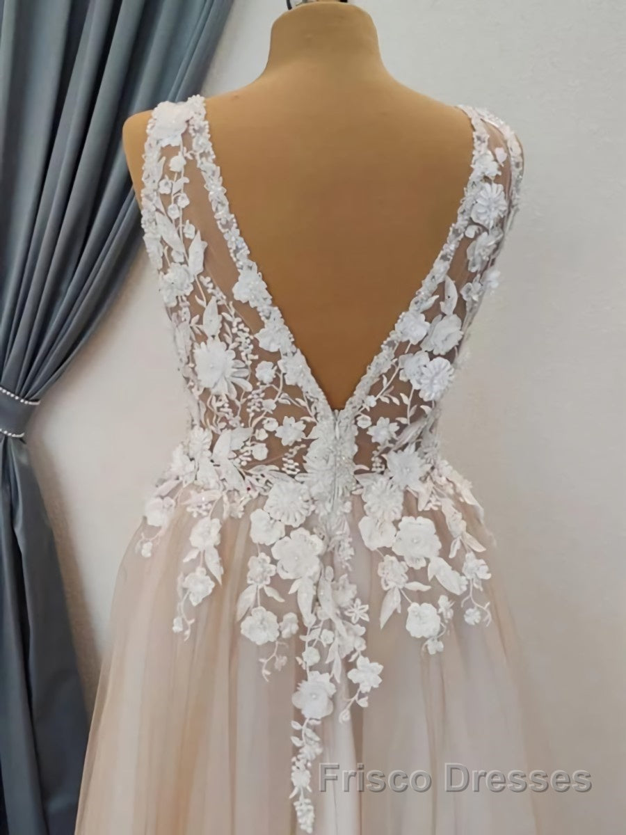 A Line V Neck Long Champagne Lace Wedding Dresses, Champagne Lace Long Formal Formal Prom Dresses Secondary image
