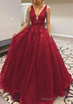 A-line V Neck Long/Floor-Length Lace Tulle Prom Dresses With Appliqued