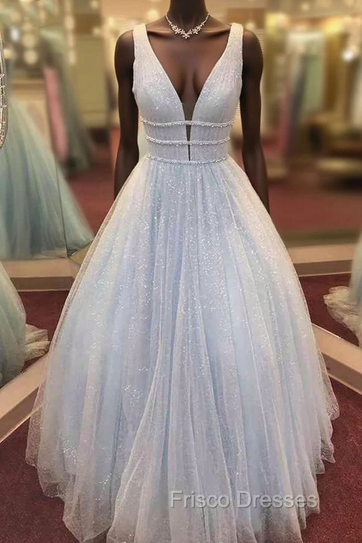 A-line V Neck Long/Floor-Length Tulle GlitterFormal Prom Dress With Beading Main image