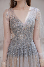 A Line V-Neck Long Sleeve Beading Tulle Court Train Prom Dresses