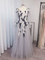 A-line V-neck Long Sleeves Appliques Lace Floor-Length Tulle Dress
