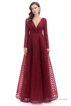 A-Line V Neck Long Sleeves Lace Long Prom Dresses