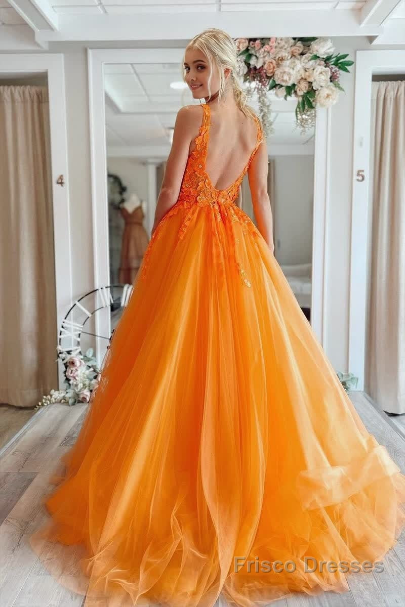A-Line V-Neck Long Tulle Prom Dress with Appliques Secondary image