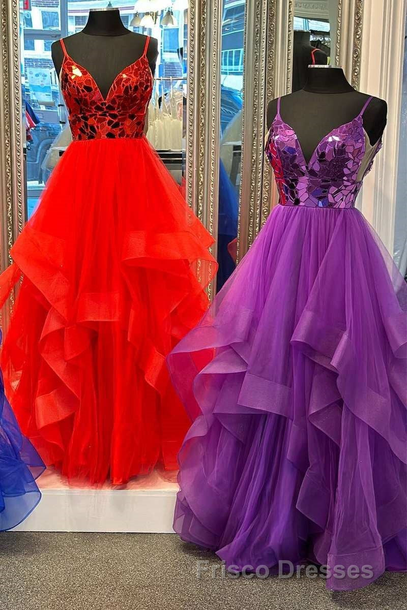 A-line V-Neck Mirror-Cut Sequins Ruffle Layers Long Formal Prom Dress Secondary image