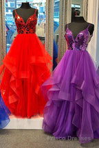 A-line V-Neck Mirror-Cut Sequins Ruffle Layers Long Formal Prom Dress