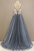 A Line V Neck Open Back Appliques Gray Long Formal Prom Dresses, V Neck Grey Formal Dresses, Gray Evening Dresses