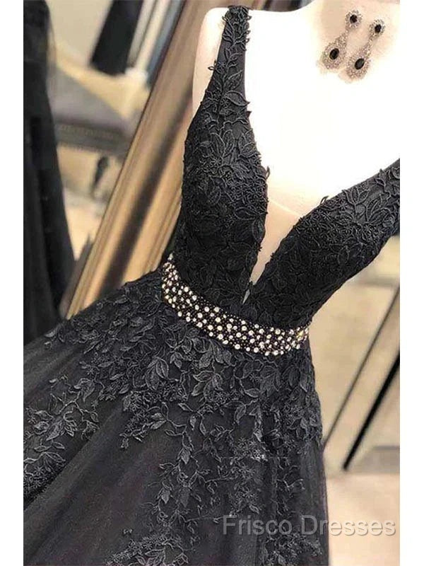 A-Line V-Neck Open Back Black Lace Long Formal Prom Dress Formal Dress With Beading,
