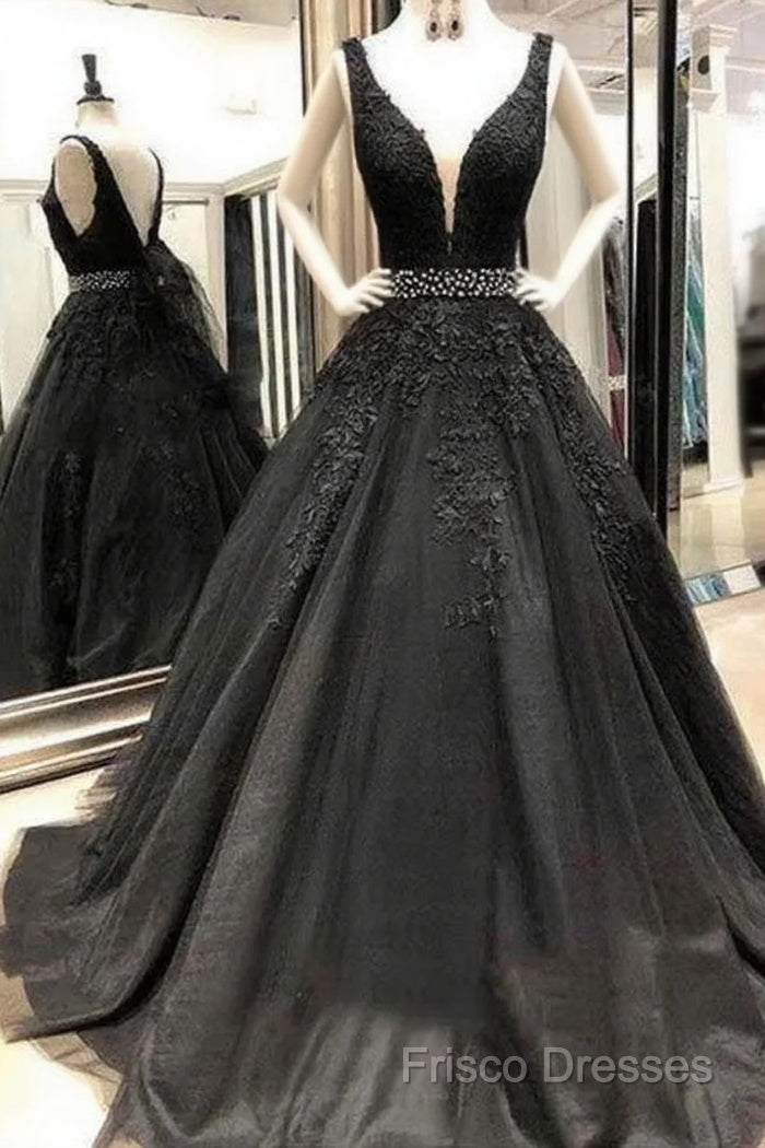 A-Line V-Neck Open Back Black Lace Long Formal Prom Dress Formal Dress With Beading, Main image