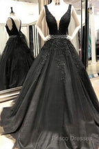 A-Line V-Neck Open Back Black Lace Long Formal Prom Dress Formal Dress With Beading,