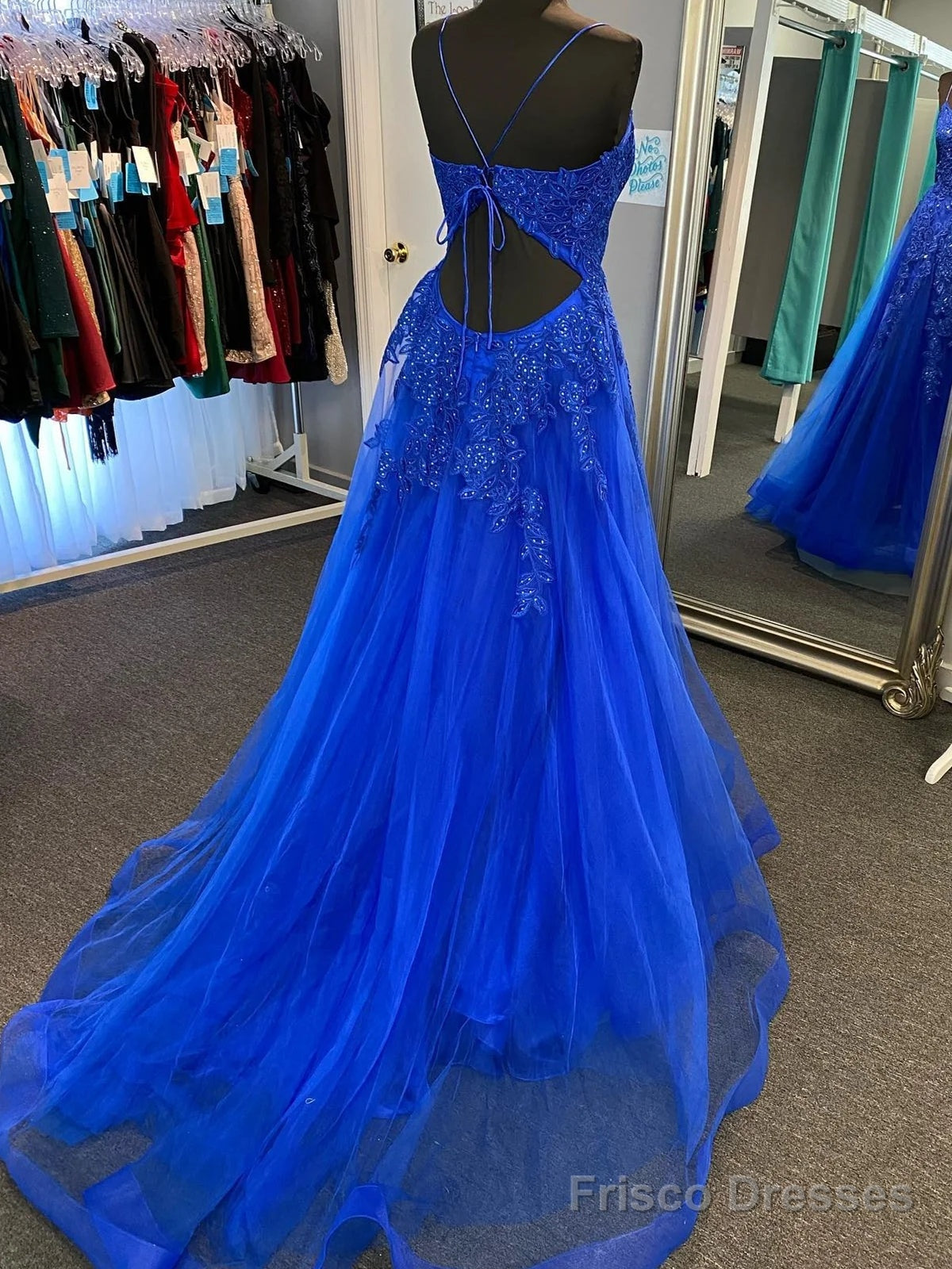 A Line V Neck Open Back Blue Lace Long Prom Dresses With Train, Blue Lace Formal Dresses, Blue Evening Dresses Secondary image