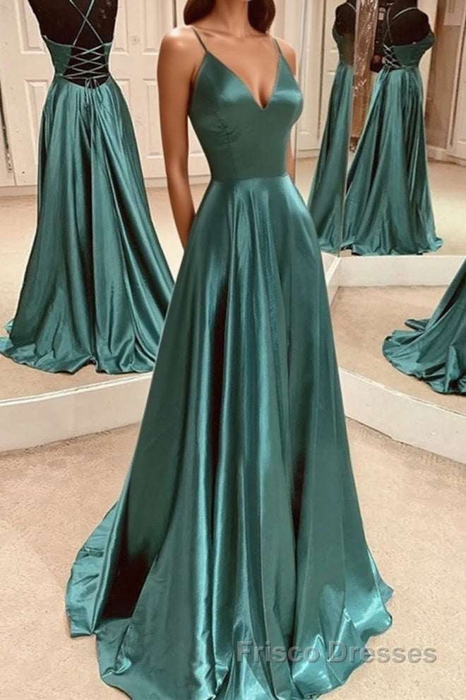 A Line V Neck Open Back Emerald Green Satin Long Formal Prom Dresses, Backless Emerald Green Formal Graduation Evening Dresses Main image