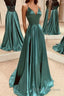 A Line V Neck Open Back Emerald Green Satin Long Formal Prom Dresses, Backless Emerald Green Formal Graduation Evening Dresses