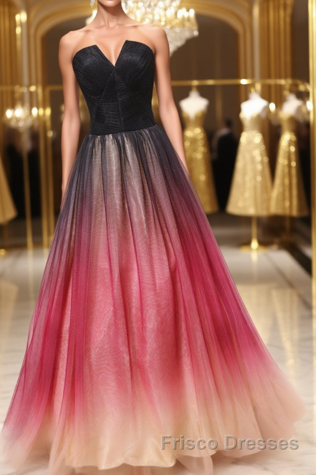 A Line V Neck Open Back Ombre Long Formal Prom Dresses, Backless Ombre Formal Graduation Evening Dresses