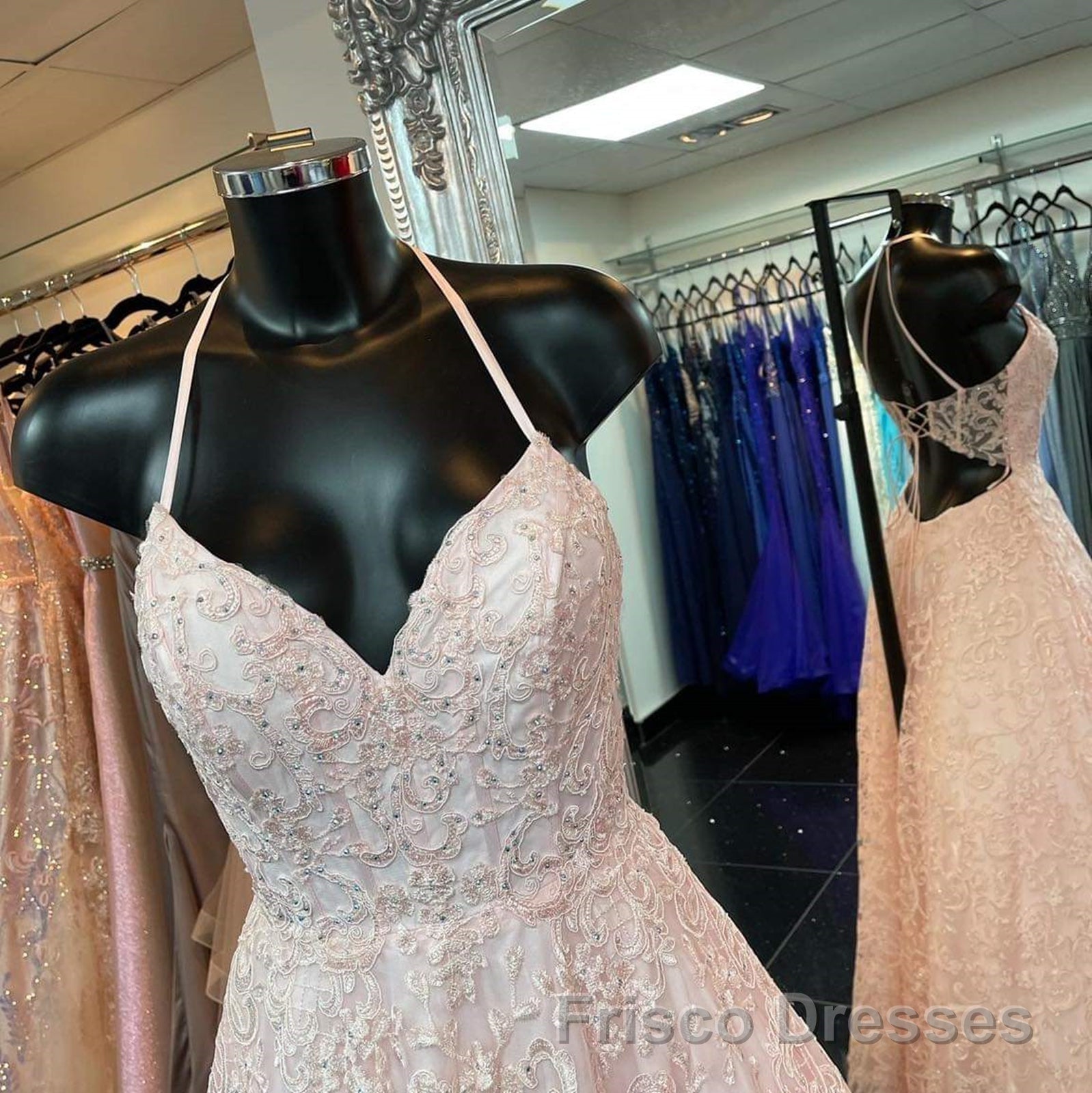 A Line V Neck Open Back Pink Lace Long Formal Prom Dresses, Pink Lace Formal Graduation Evening Dresses Secondary image