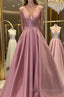 A Line V Neck Open Back Pink Satin Long Formal Prom Dresses, Open Back Pink Formal Graduation Evening Dresses