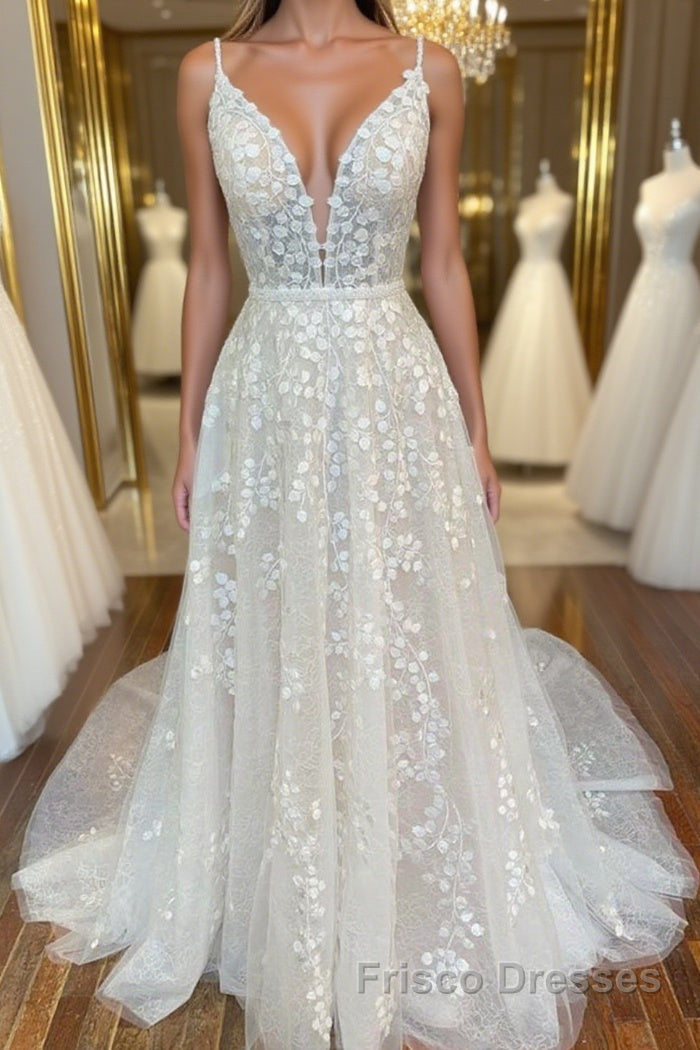 A Line V Neck Open Back White Lace Long Formal Prom Dresses, V Neck White Lace Formal Dresses, White Lace Evening Dresses