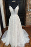 A Line V Neck Open Back White Lace Long Prom Dress, V Neck White Lace Formal Dress, White Lace Evening Dress A1502