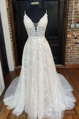 A Line V Neck Open Back White Lace Long Prom Dress, V Neck White Lace Formal Dress, White Lace Evening Dress A1502
