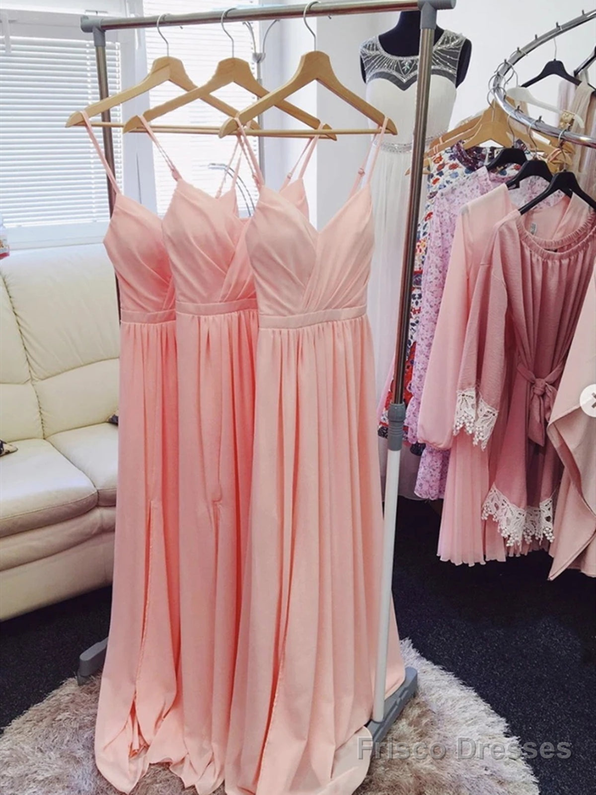 A Line V Neck Pink Chiffon Long Prom Dresses, Pink Long Bridesmaid Formal Dresses Main image