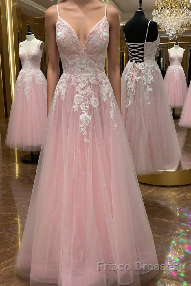 A Line V Neck Pink Lace Floral Long Formal Prom Dresses, Pink Lace Formal Dresses, Pink Evening Dresses Main image