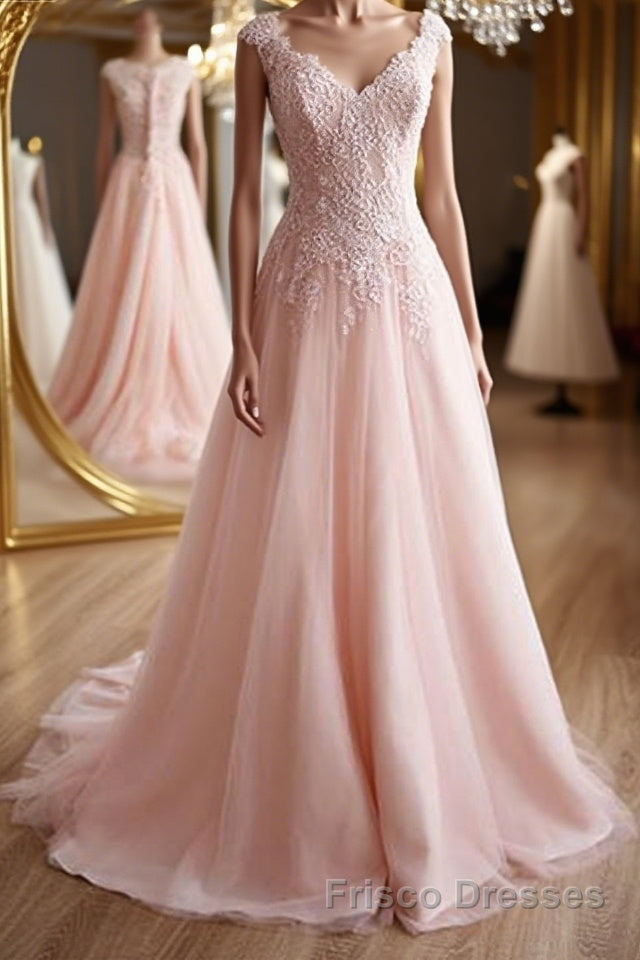 A Line V Neck Pink Lace Long Formal Prom Dresses, Pink Lace Formal Graduation Evening Dresses Main image