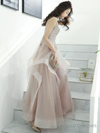 A-Line V Neck Pink Long Prom Dress, Pink Formal Graduation Dress With Lace Beading