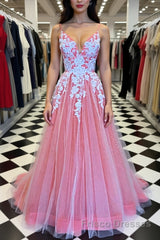 A Line V Neck Pink Long Formal Prom Dresses with Lace Appliques, V Neck Pink Formal Dresses, Pink Evening Dresses