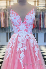A Line V Neck Pink Long Formal Prom Dresses with Lace Appliques, V Neck Pink Formal Dresses, Pink Evening Dresses