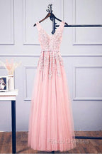 A-Line V Neck Pink Tulle Lace Applique Long Formal Prom Dress Evening Dress